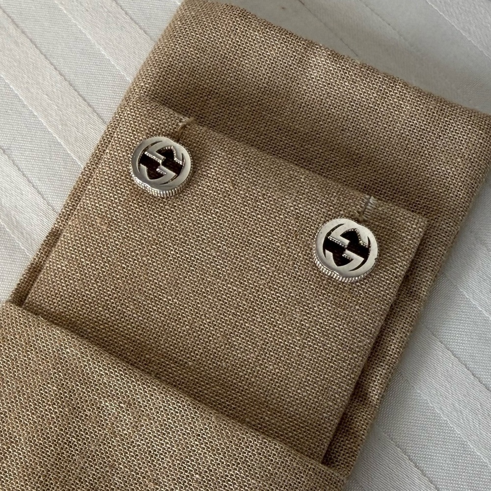 GUCCI Interlocking G Motif 925 Sterling Silver Stud Earrings Full Set